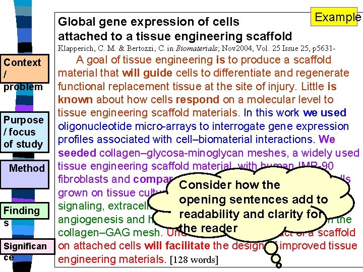 Global gene expression of cells attached to a tissue engineering scaffold Example Klapperich, C. Global gene expression of cells attached to a tissue engineering scaffold Example Klapperich, C.