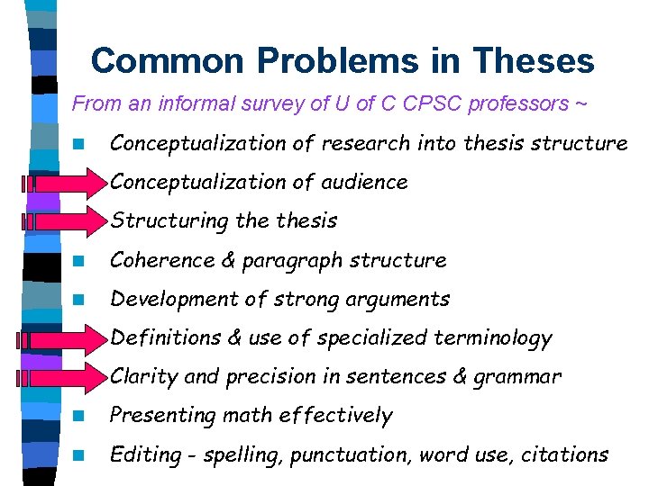 Common Problems in Theses From an informal survey of U of C CPSC professors Common Problems in Theses From an informal survey of U of C CPSC professors