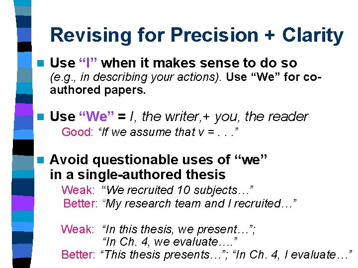 Revising for Precision + Clarity n Use “I” when it makes sense to do Revising for Precision + Clarity n Use “I” when it makes sense to do