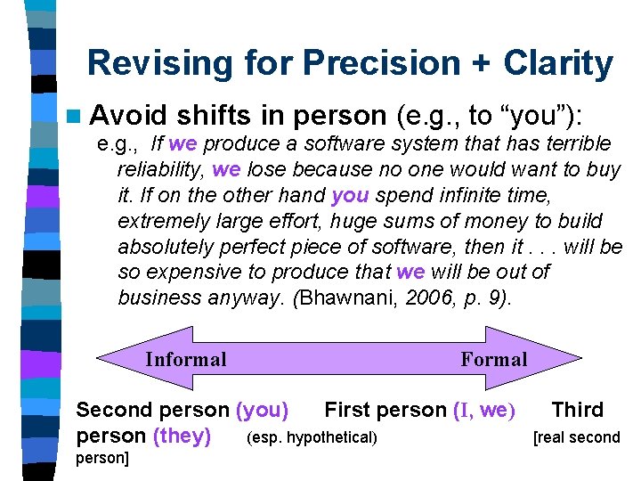 Revising for Precision + Clarity n Avoid shifts in person (e. g. , to Revising for Precision + Clarity n Avoid shifts in person (e. g. , to