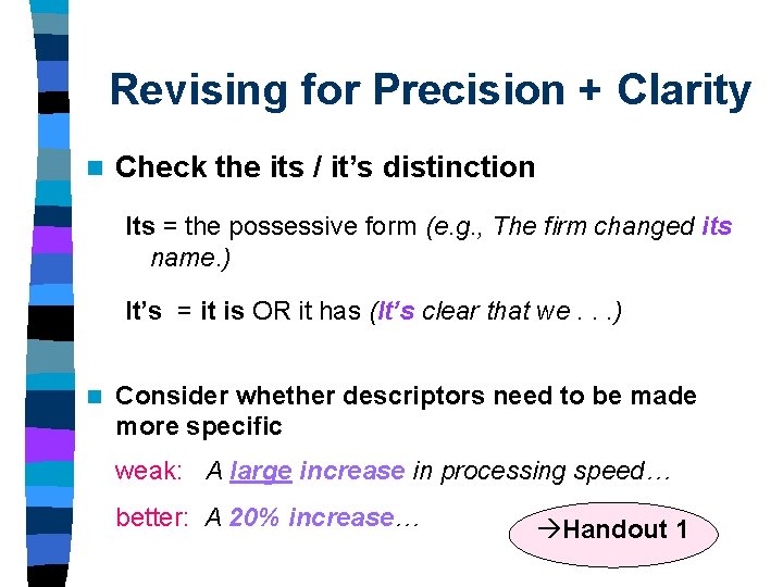 Revising for Precision + Clarity n Check the its / it’s distinction Its = Revising for Precision + Clarity n Check the its / it’s distinction Its =