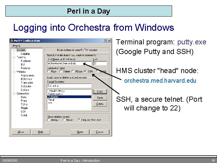 Perl in a Day Logging into Orchestra from Windows Terminal program: putty. exe (Google