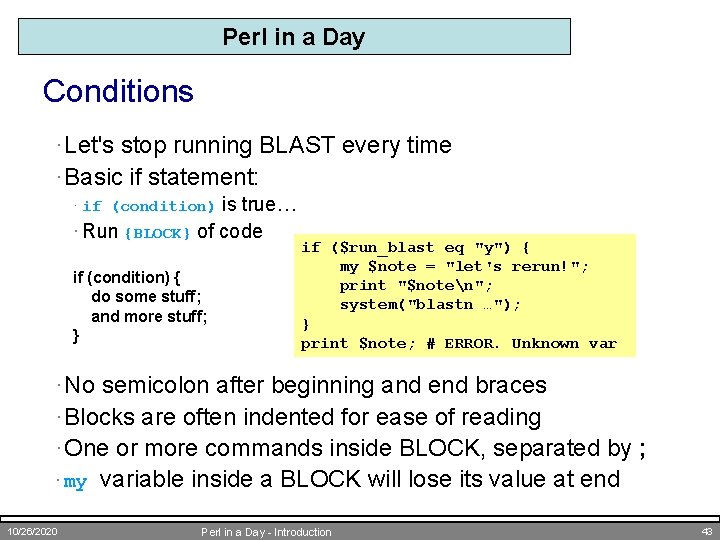 Perl in a Day Conditions · Let's stop running BLAST every time · Basic