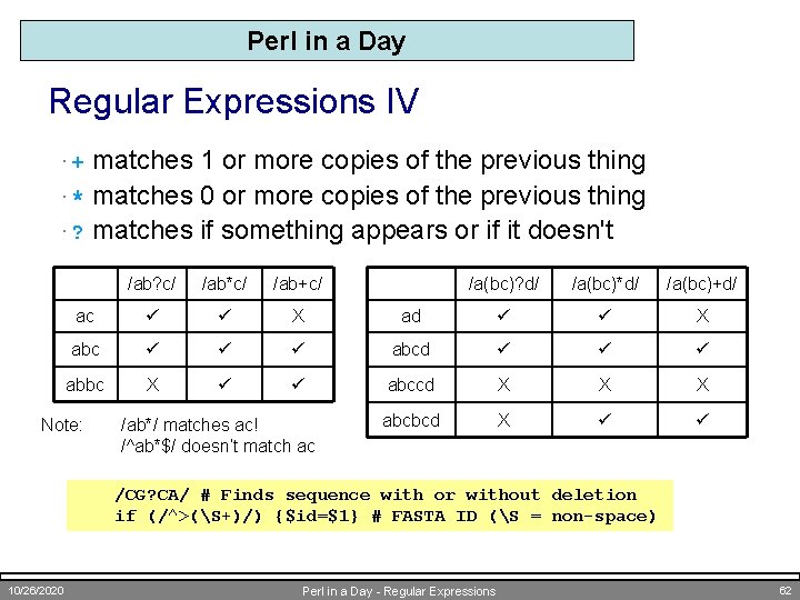 Perl in a Day Regular Expressions IV matches 1 or more copies of the