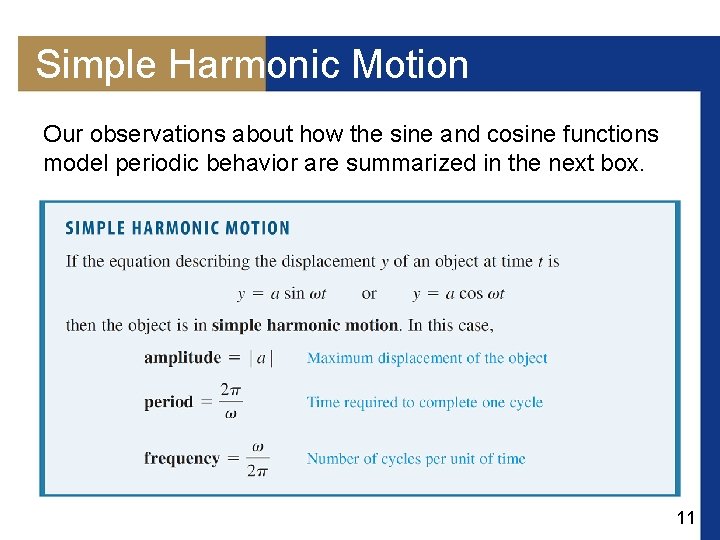 Simple Harmonic Motion Our observations about how the sine and cosine functions model periodic