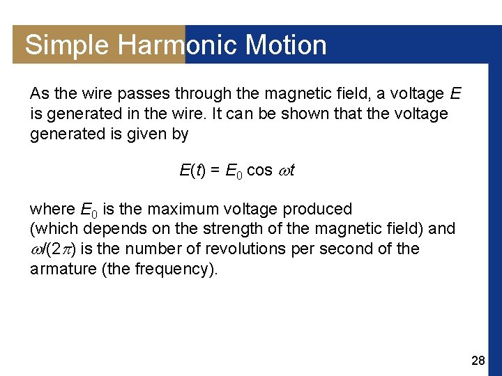 Simple Harmonic Motion As the wire passes through the magnetic field, a voltage E