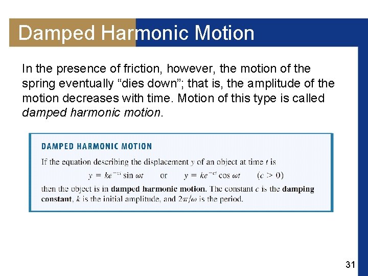 Damped Harmonic Motion In the presence of friction, however, the motion of the spring