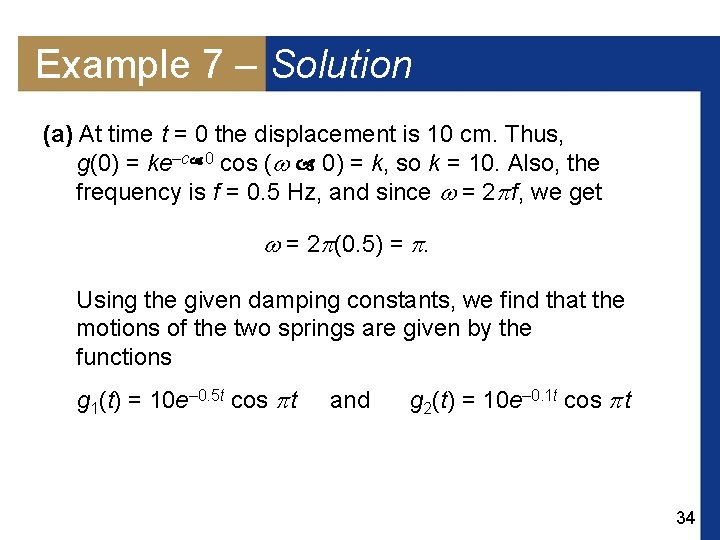 Example 7 – Solution (a) At time t = 0 the displacement is 10