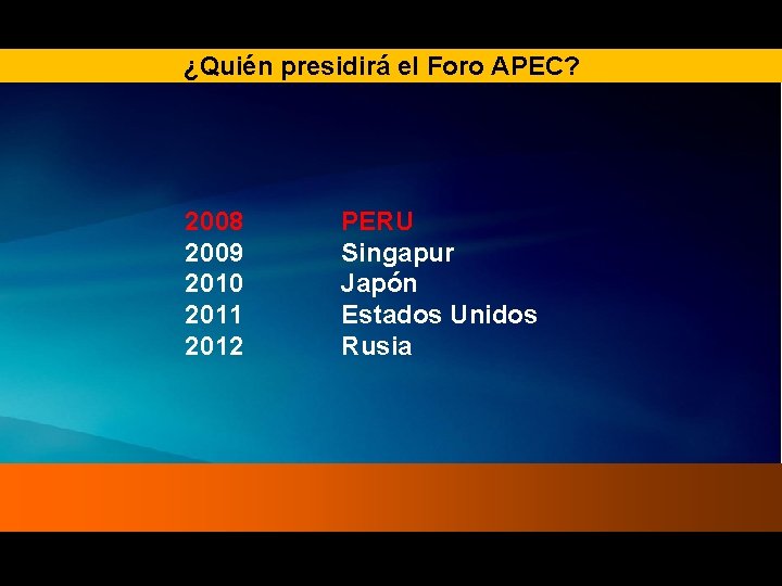 ¿Quién presidirá el Foro APEC? 2008 2009 2010 2011 2012 PERU Singapur Japón Estados ¿Quién presidirá el Foro APEC? 2008 2009 2010 2011 2012 PERU Singapur Japón Estados