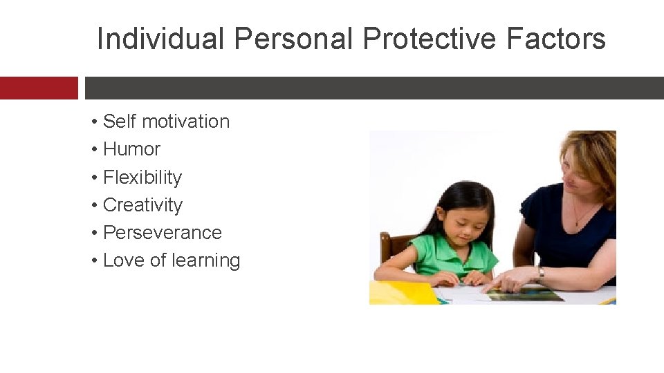 Individual Personal Protective Factors • Self motivation • Humor • Flexibility • Creativity •