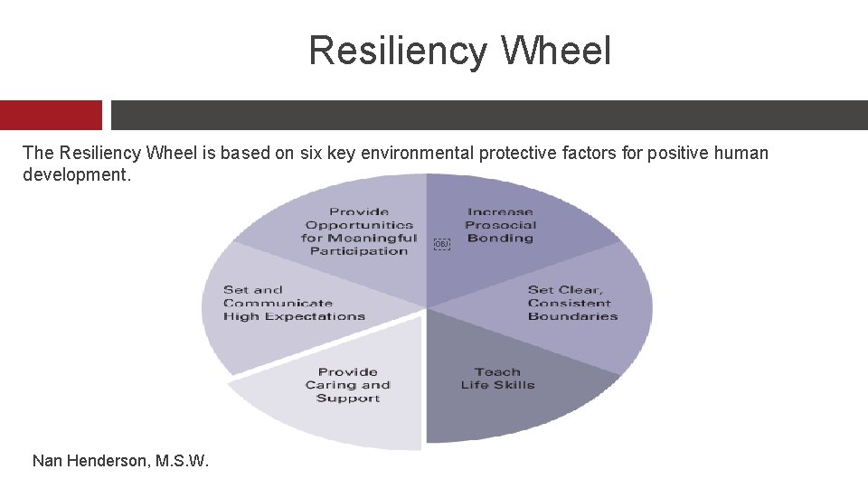 Resiliency Wheel The Resiliency Wheel is based on six key environmental protective factors for