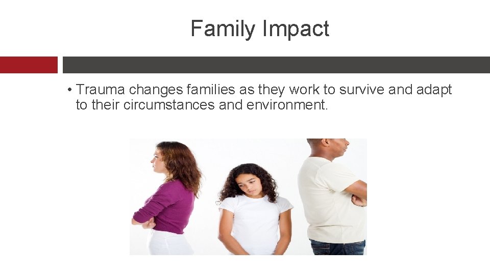 Family Impact • Trauma changes families as they work to survive and adapt to