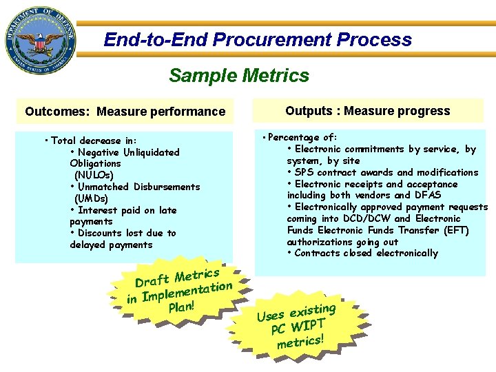 End-to-End Procurement Process Sample Metrics Outcomes: Measure performance • Total decrease in: • Negative