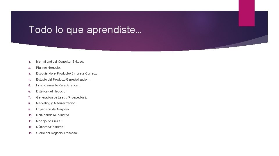 Todo lo que aprendiste… 1. Mentalidad del Consultor Exitoso. 2. Plan de Negocio. 3.