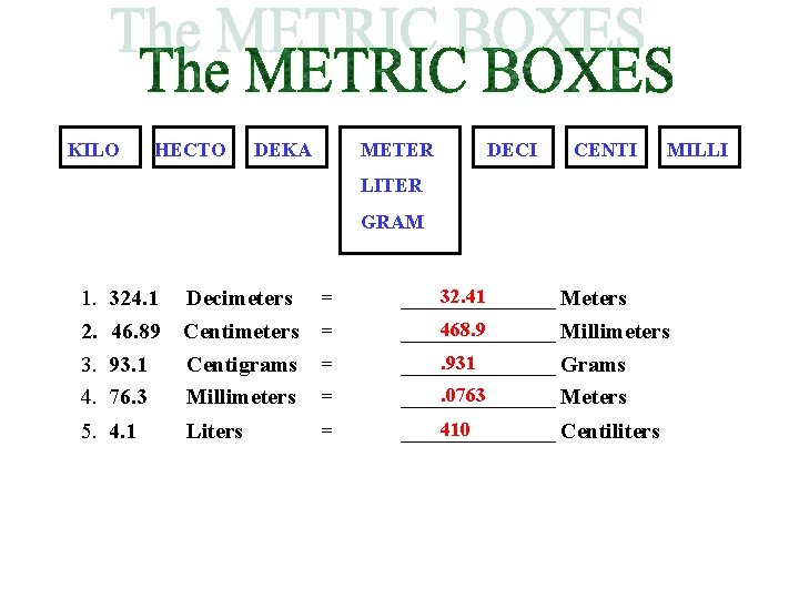 KILO HECTO DEKA METER DECI CENTI MILLI LITER GRAM 1. 324. 1 Decimeters =