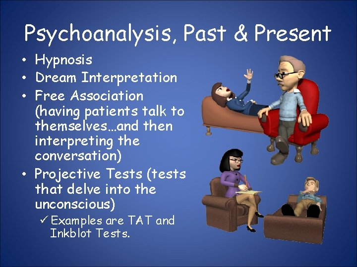 Psychoanalysis, Past & Present • Hypnosis • Dream Interpretation • Free Association (having patients