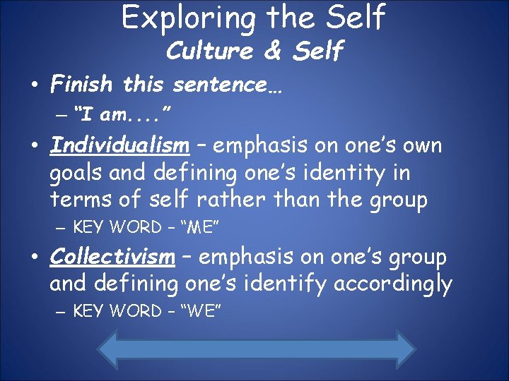 Exploring the Self Culture & Self • Finish this sentence… – “I am. .