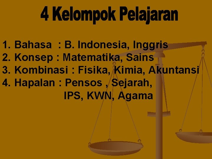 1. Bahasa : B. Indonesia, Inggris 2. Konsep : Matematika, Sains 3. Kombinasi :