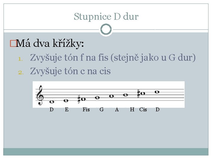 Stupnice D dur �Má dva křížky: 1. 2. Zvyšuje tón f na fis (stejně Stupnice D dur �Má dva křížky: 1. 2. Zvyšuje tón f na fis (stejně