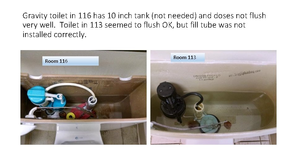 Gravity toilet in 116 has 10 inch tank (not needed) and doses not flush