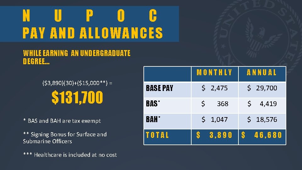 N U P O C PAY AND ALLOWANCES WHILE EARNING AN UNDERGRADUATE DEGREE… MONTHLY