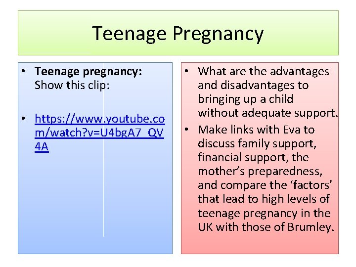 Teenage Pregnancy • Teenage pregnancy: Show this clip: • https: //www. youtube. co m/watch?