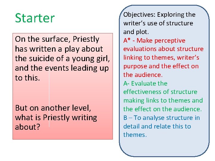 Starter On the surface, Priestly has written a play about the suicide of a