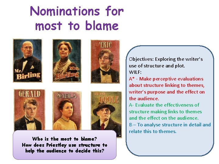 Nominations for most to blame Objectives: Exploring the writer’s use of structure and plot.