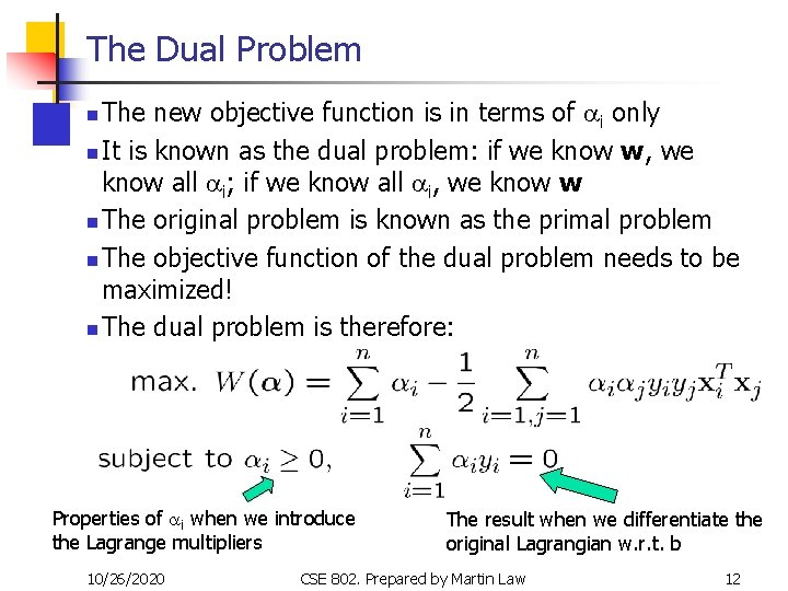 The Dual Problem The new objective function is in terms of ai only n