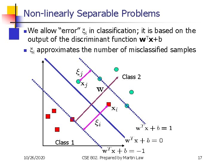 Non-linearly Separable Problems We allow “error” xi in classification; it is based on the