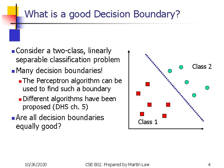 What is a good Decision Boundary? Consider a two-class, linearly separable classification problem n