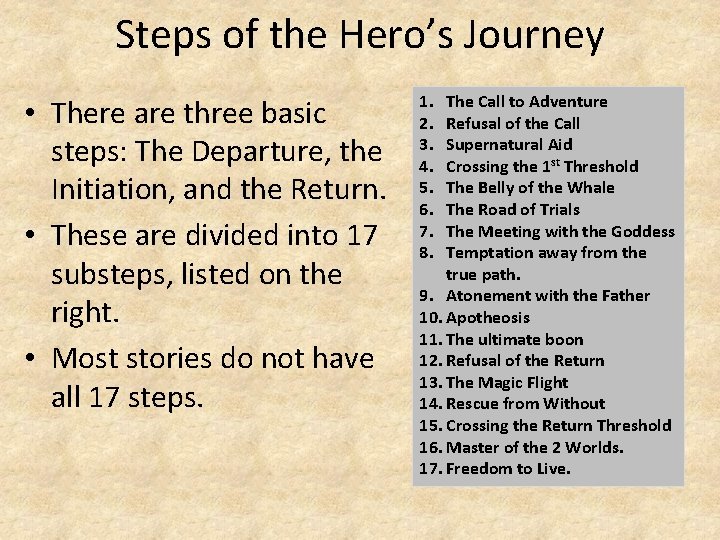 Steps of the Hero’s Journey • There are three basic steps: The Departure, the