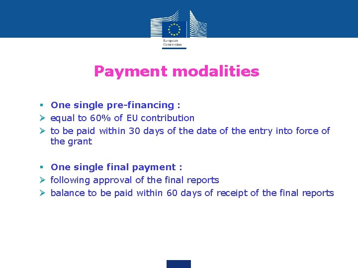 Payment modalities § One single pre-financing : Ø equal to 60% of EU contribution