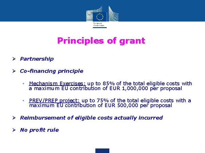 Principles of grant Ø Partnership Ø Co-financing principle • Mechanism Exercises: up to 85%