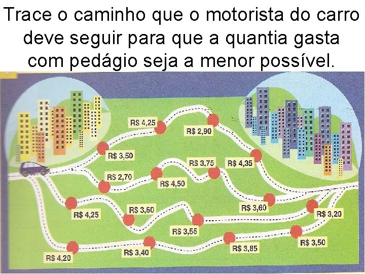 Trace o caminho que o motorista do carro deve seguir para que a quantia