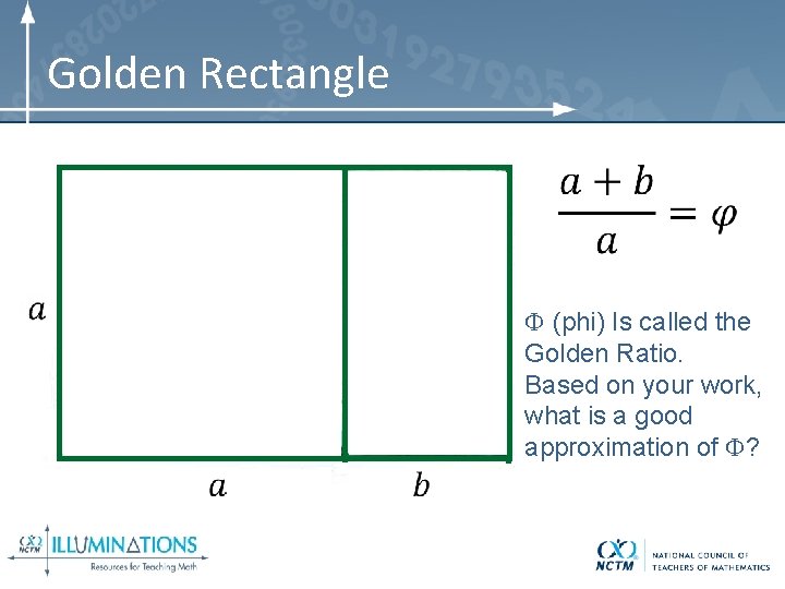 Golden Rectangle (phi) Is called the Golden Ratio. Based on your work, what is