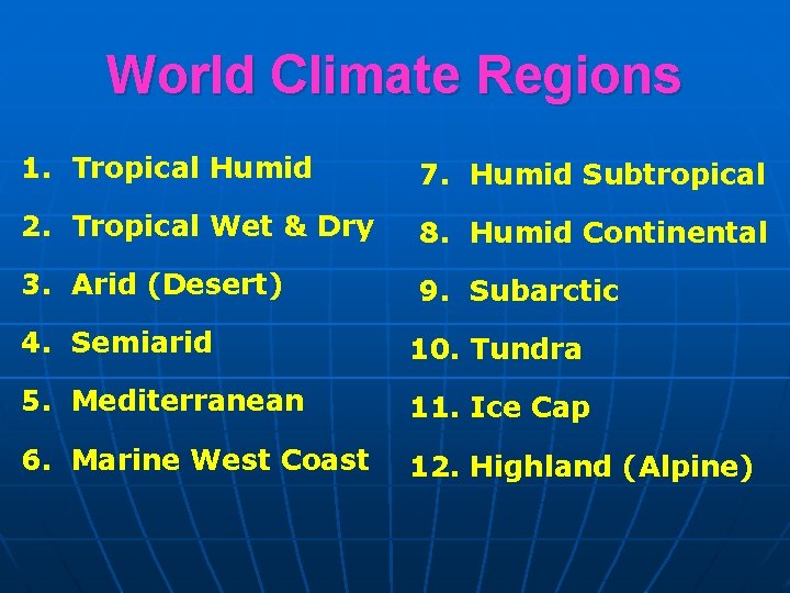 World Climate Regions 1. Tropical Humid 7. Humid Subtropical 2. Tropical Wet & Dry