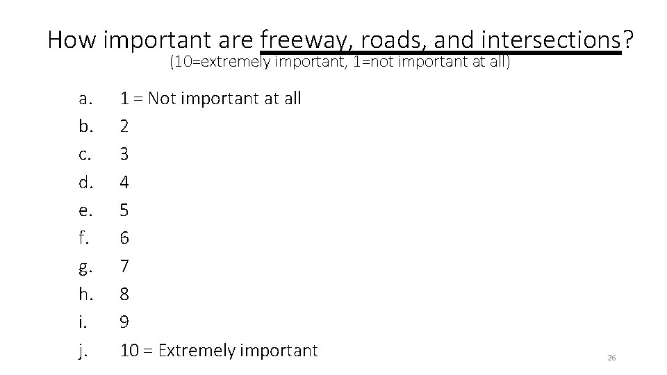 How important are freeway, roads, and intersections? Enter Question Text (10=extremely important, 1=not important