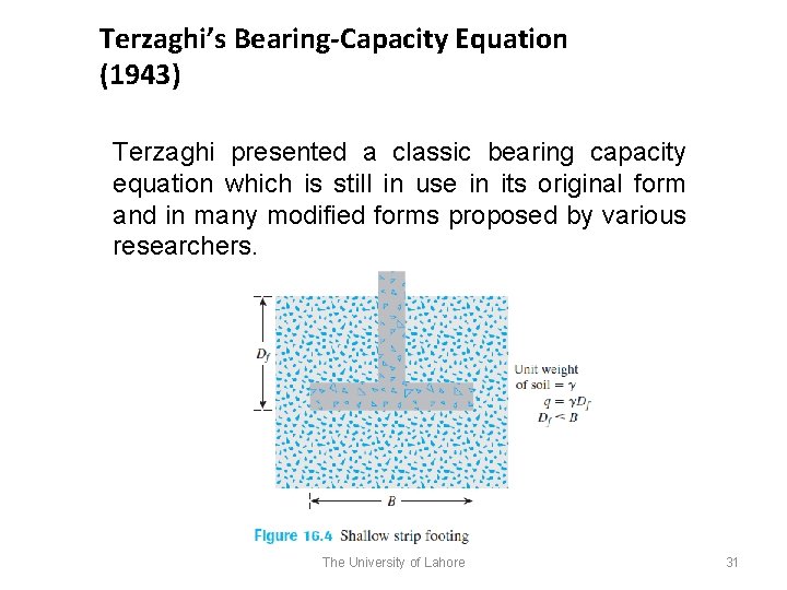Terzaghi’s Bearing-Capacity Equation (1943) Terzaghi presented a classic bearing capacity equation which is still