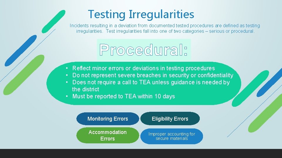 Testing Irregularities Incidents resulting in a deviation from documented tested procedures are defined as