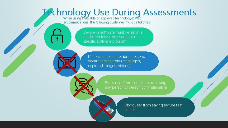 Technology Use During Assessments When using allowable or approved technology-based accommodations, the following guidelines