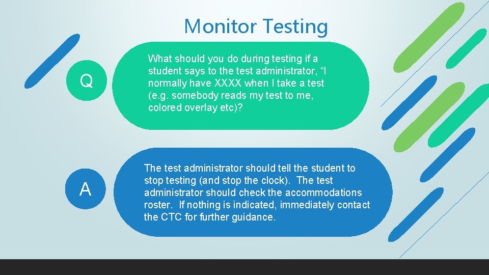 Monitor Testing Q A What should you do during testing if a student says