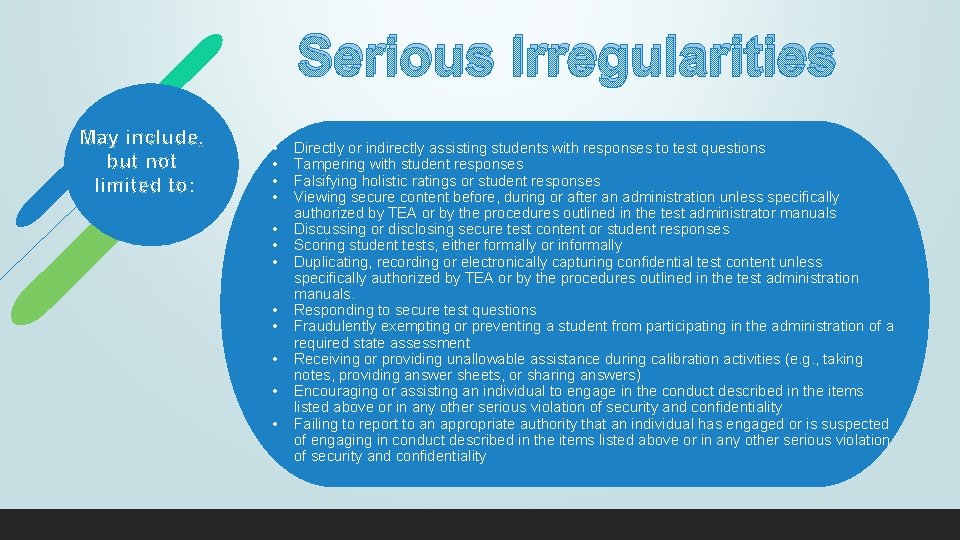 Serious Irregularities May include, but not limited to: • • • Directly or indirectly