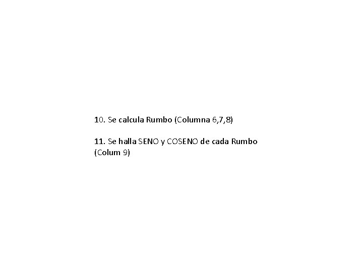 10. Se calcula Rumbo (Columna 6, 7, 8) 11. Se halla SENO y COSENO