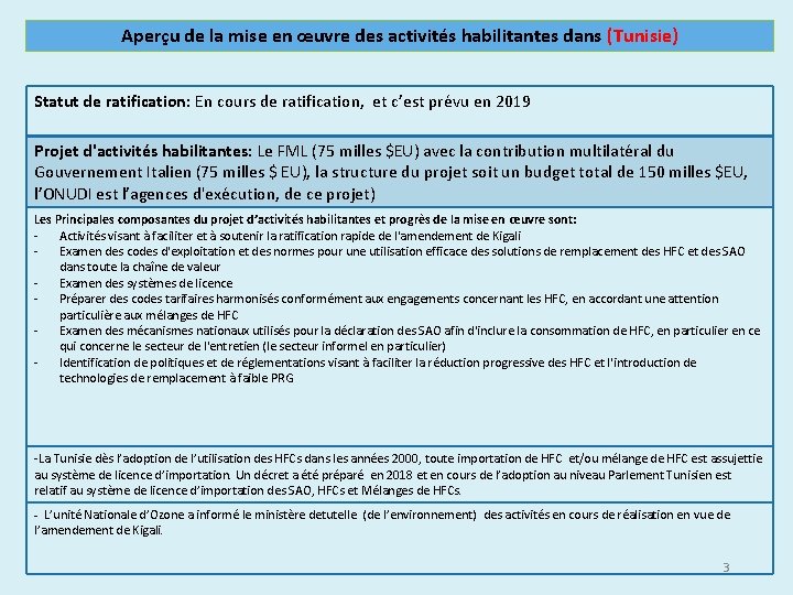 Aperçu de la mise en œuvre des activités habilitantes dans (Tunisie) Statut de ratification: