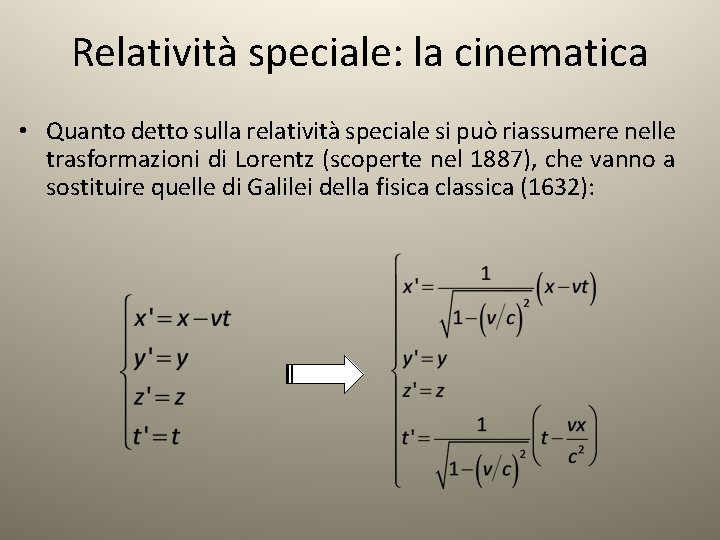 Relatività speciale: la cinematica • Quanto detto sulla relatività speciale si può riassumere nelle