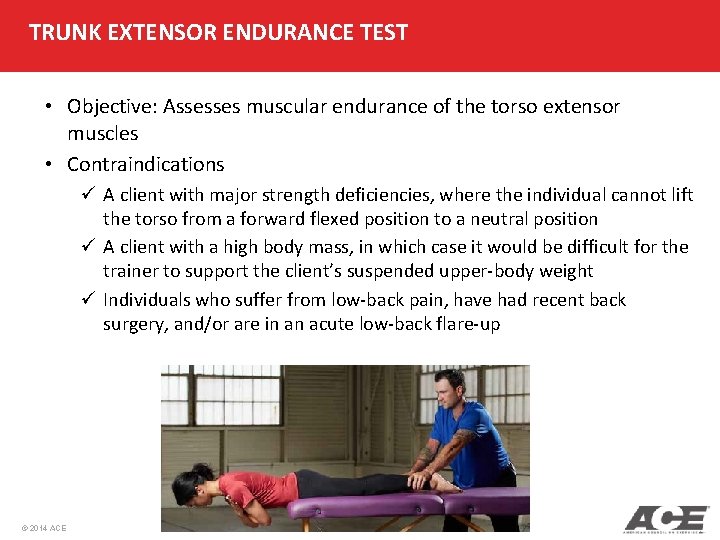 TRUNK EXTENSOR ENDURANCE TEST • Objective: Assesses muscular endurance of the torso extensor muscles