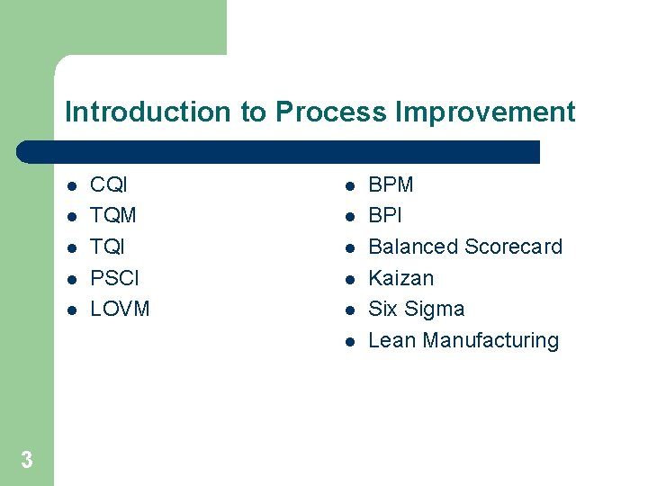 Introduction to Process Improvement l l l CQI TQM TQI PSCI LOVM l l