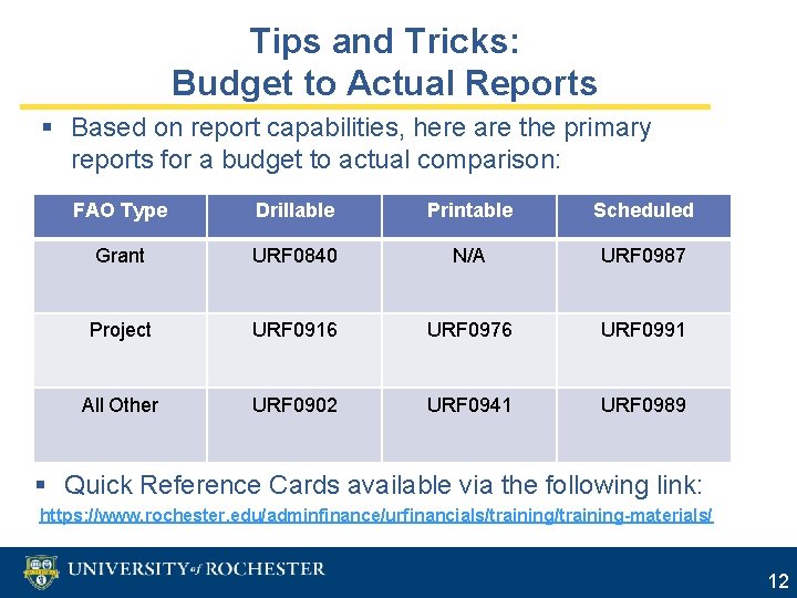 Tips and Tricks: Budget to Actual Reports § Based on report capabilities, here are