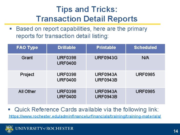 Tips and Tricks: Transaction Detail Reports § Based on report capabilities, here are the